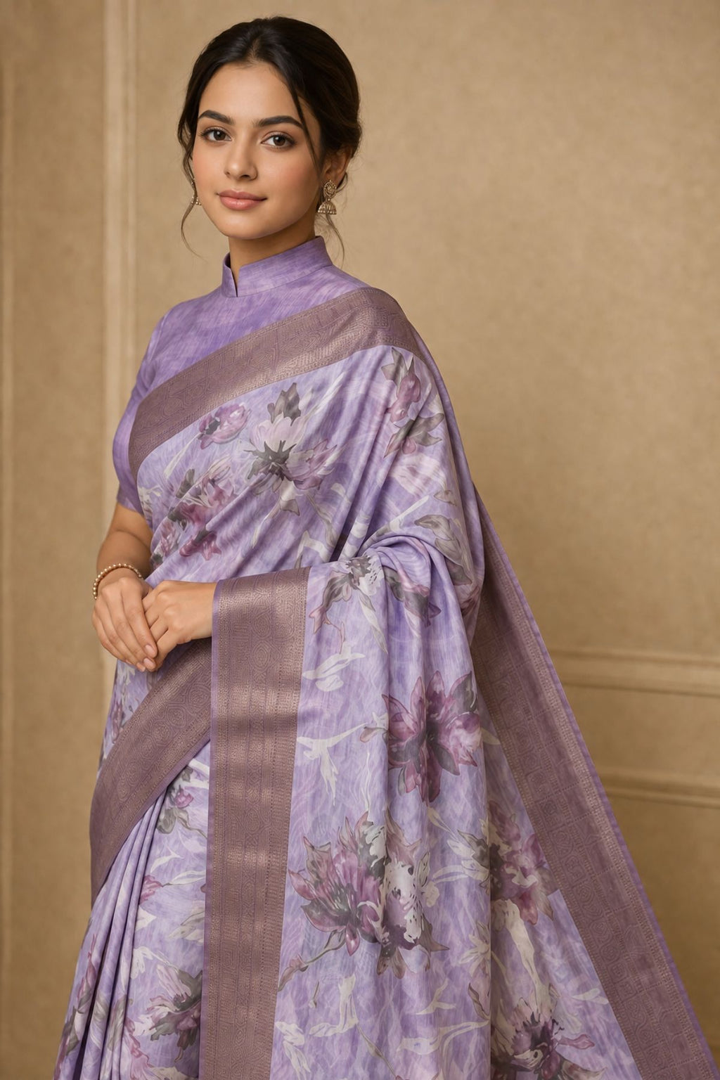 Lavender Floral Print Tussar Silk Saree with Mauve Border