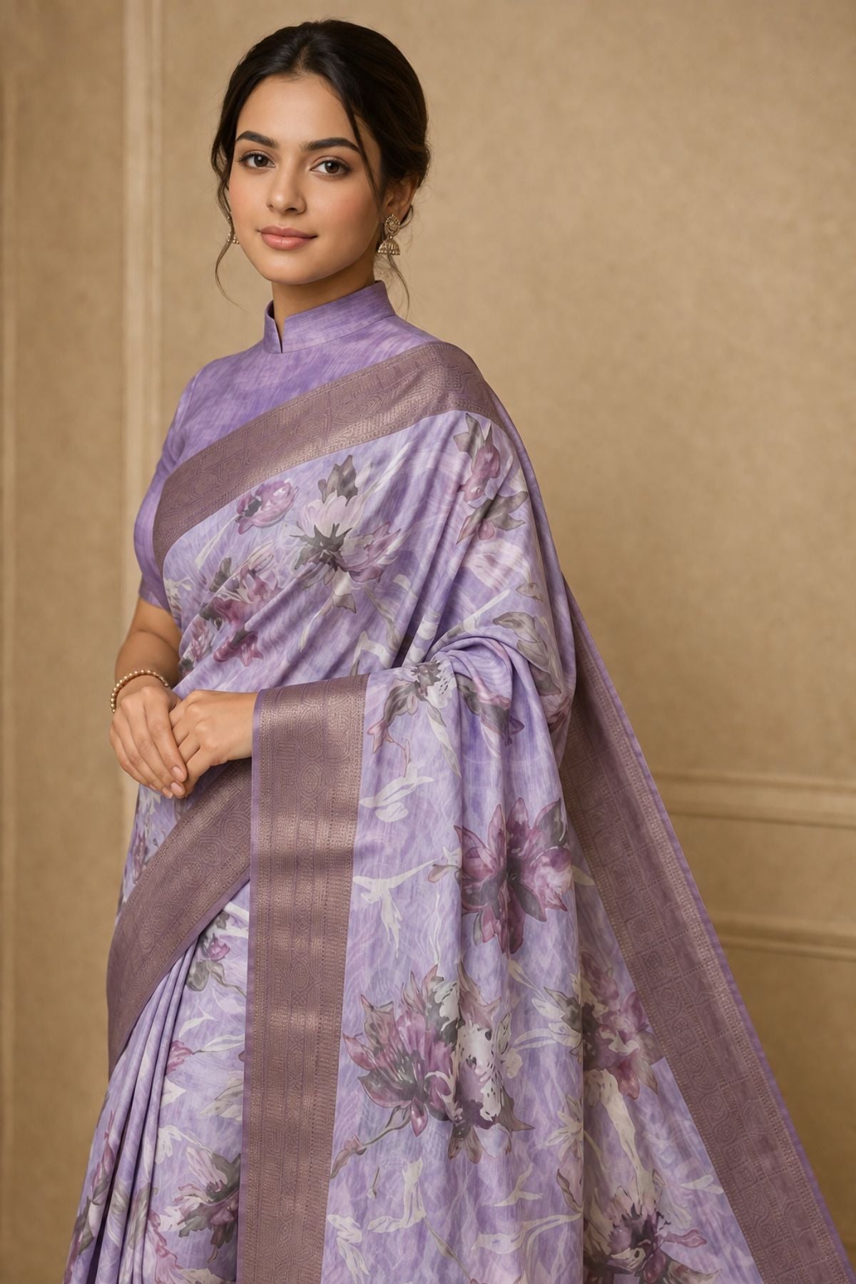 Lavender Floral Print Tussar Silk Saree with Mauve Border