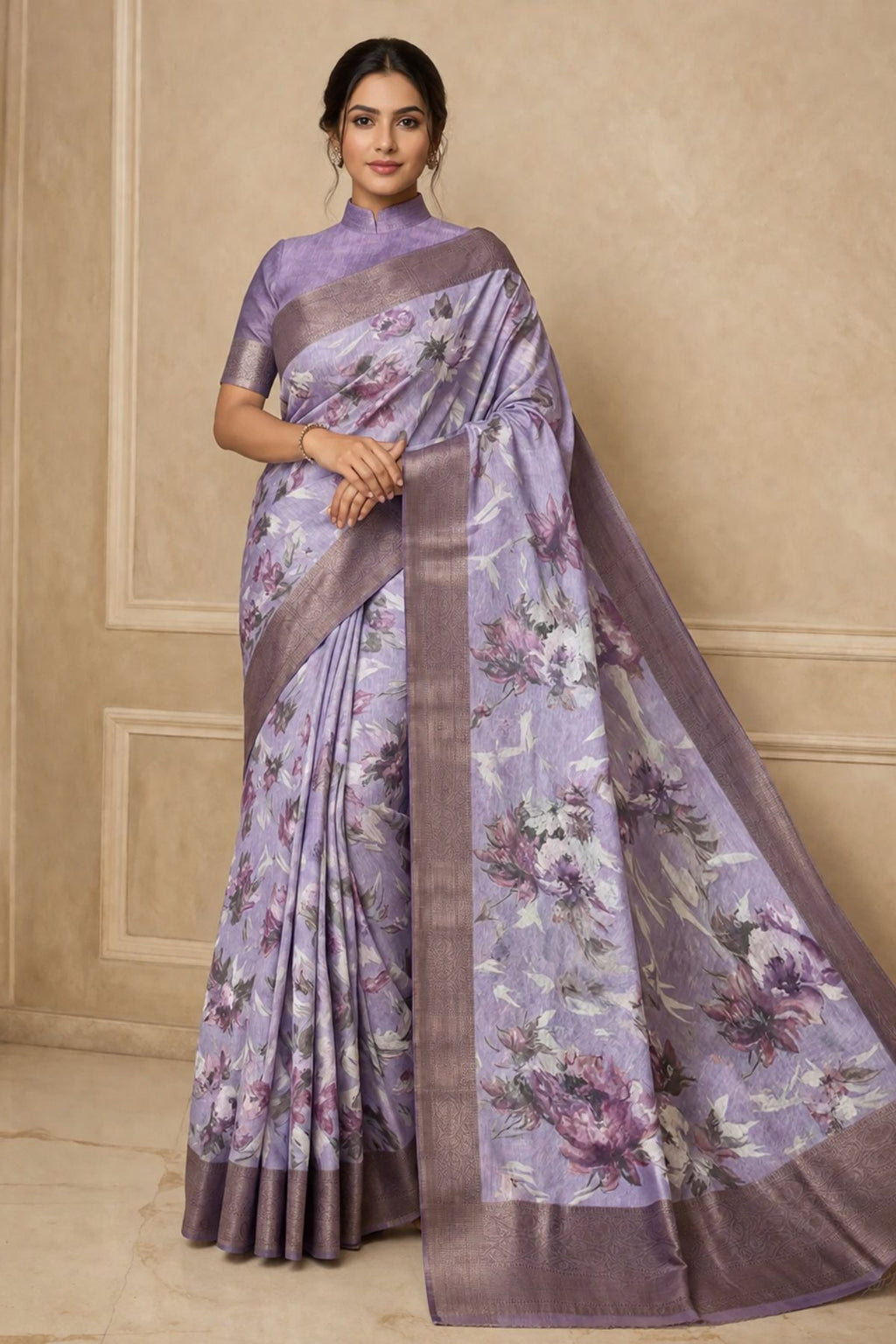 Lavender Floral Print Tussar Silk Saree with Mauve Border