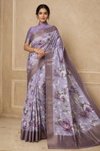 Lavender Floral Print Tussar Silk Saree with Mauve Border
