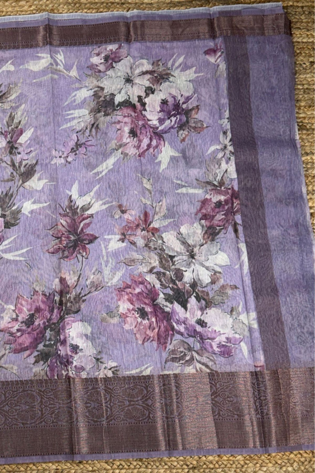 Lavender Floral Print Tussar Silk Saree with Mauve Border