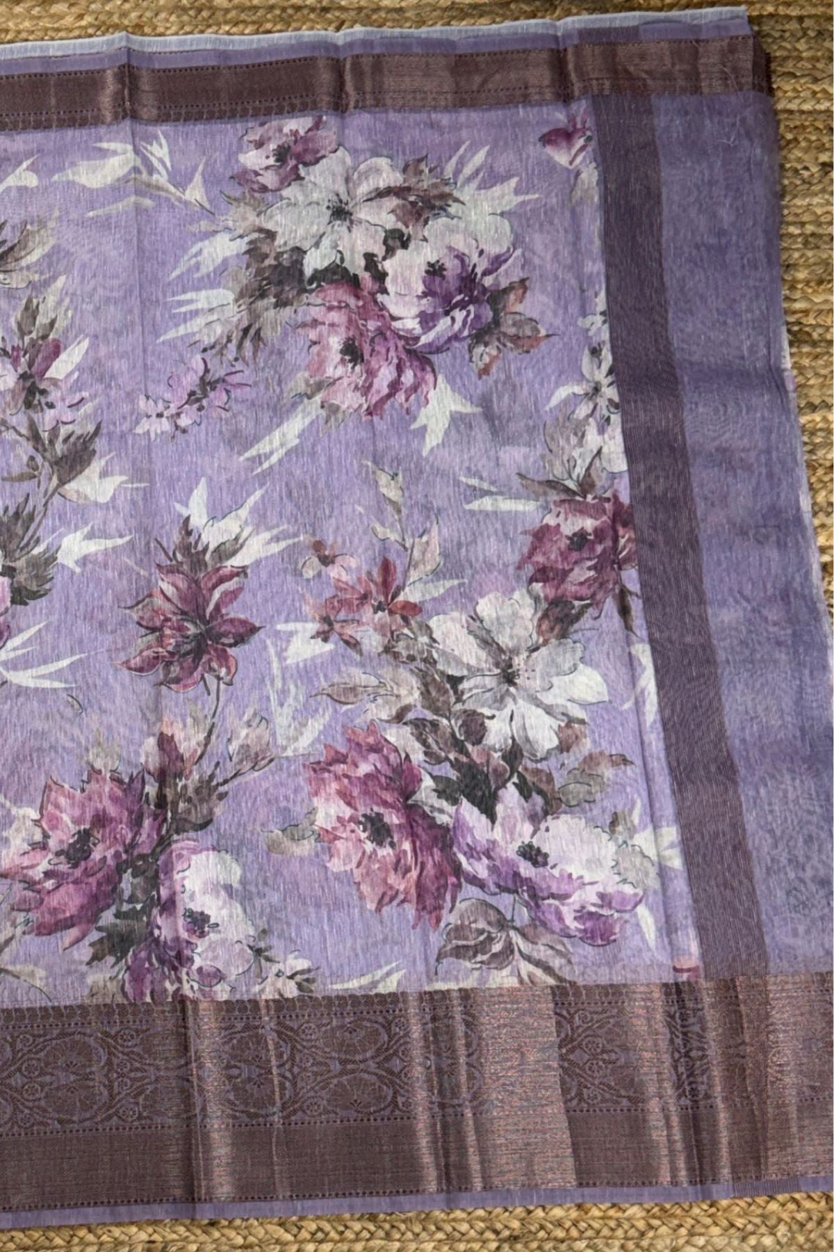 Lavender Floral Print Tussar Silk Saree with Mauve Border