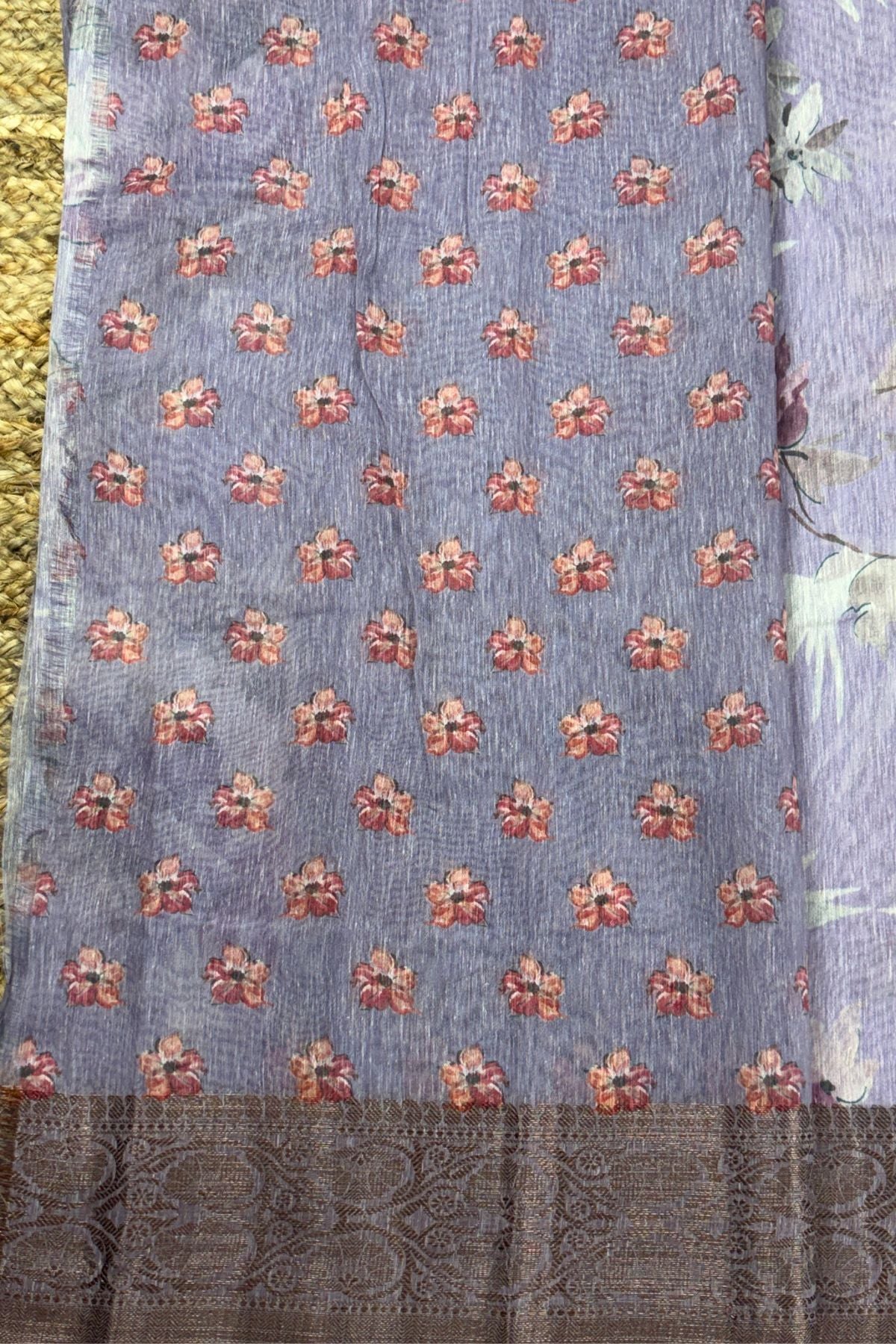 Lavender Floral Print Tussar Silk Saree with Mauve Border