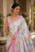 Pastel Multicolor Khadi Silk Saree with Digital Floral Print & Pink Border