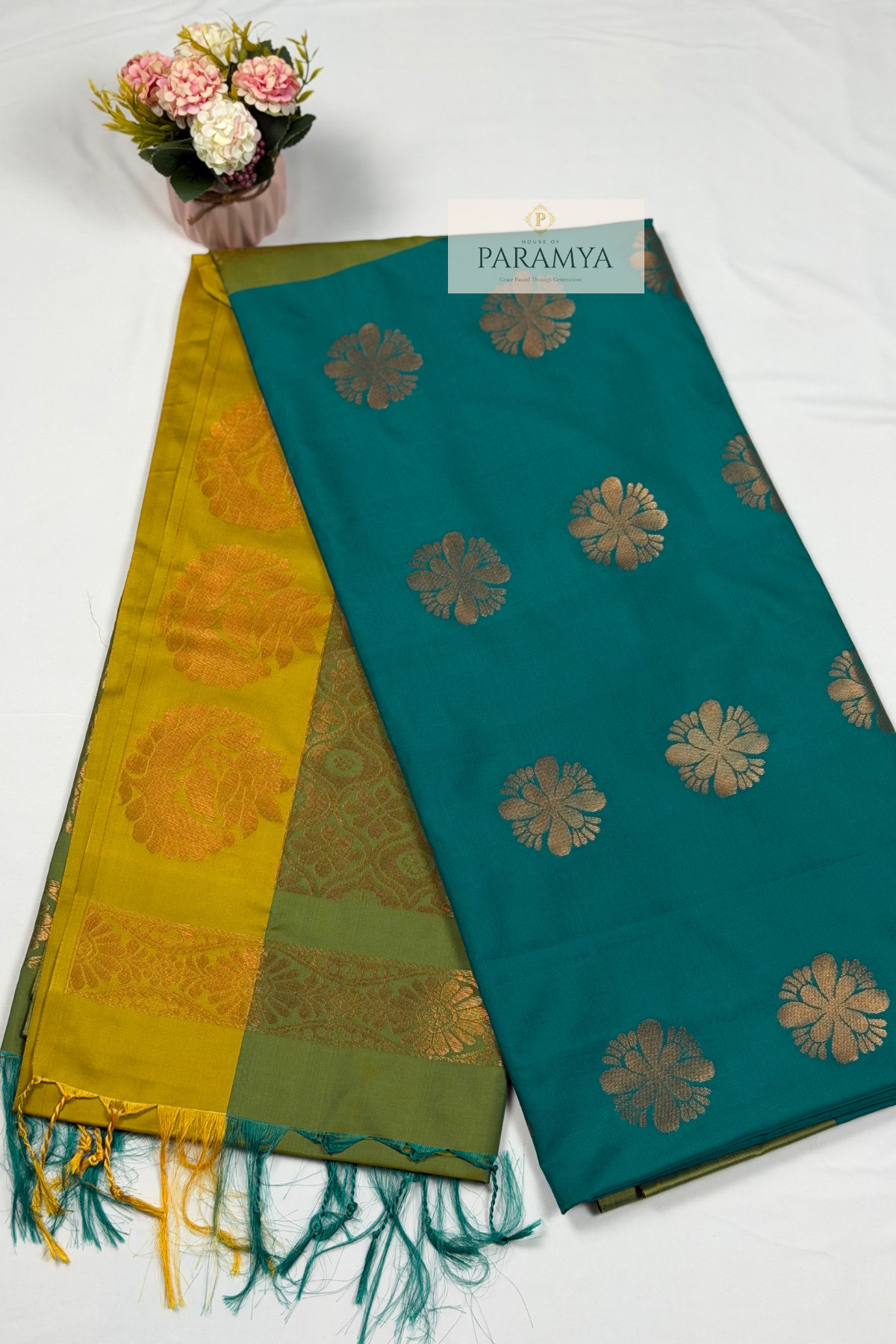 Dual Tone Olive Green & Mustard Soft Silk Saree with Teal Zari Pallu