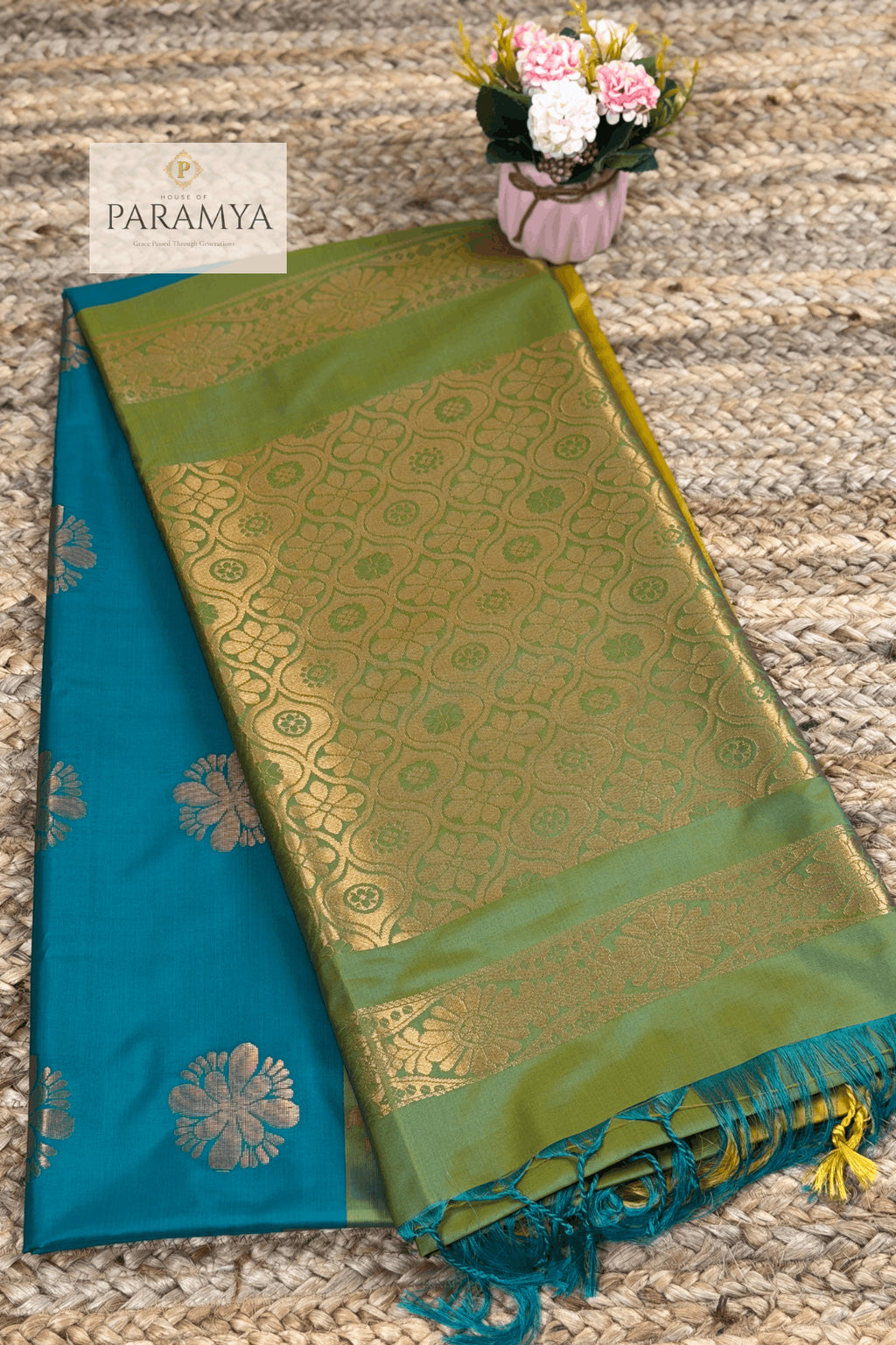 Dual Tone Olive Green & Mustard Soft Silk Saree with Teal Zari Pallu -Saree View | House Of Paramya