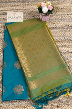 Dual Tone Olive Green & Mustard Soft Silk Saree with Teal Zari Pallu -Saree View | House Of Paramya