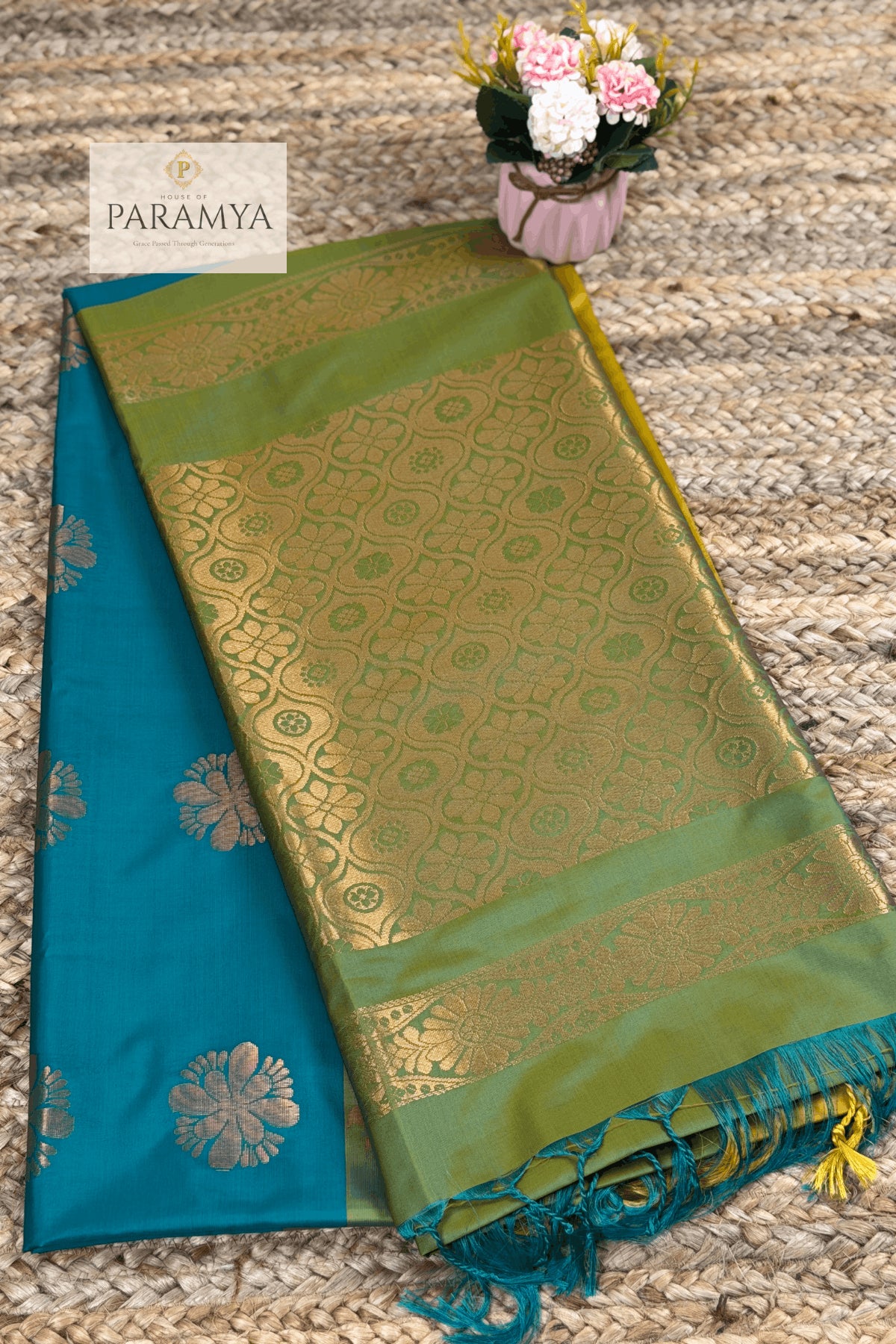 Dual Tone Olive Green & Mustard Soft Silk Saree with Teal Zari Pallu -Saree View | House Of Paramya