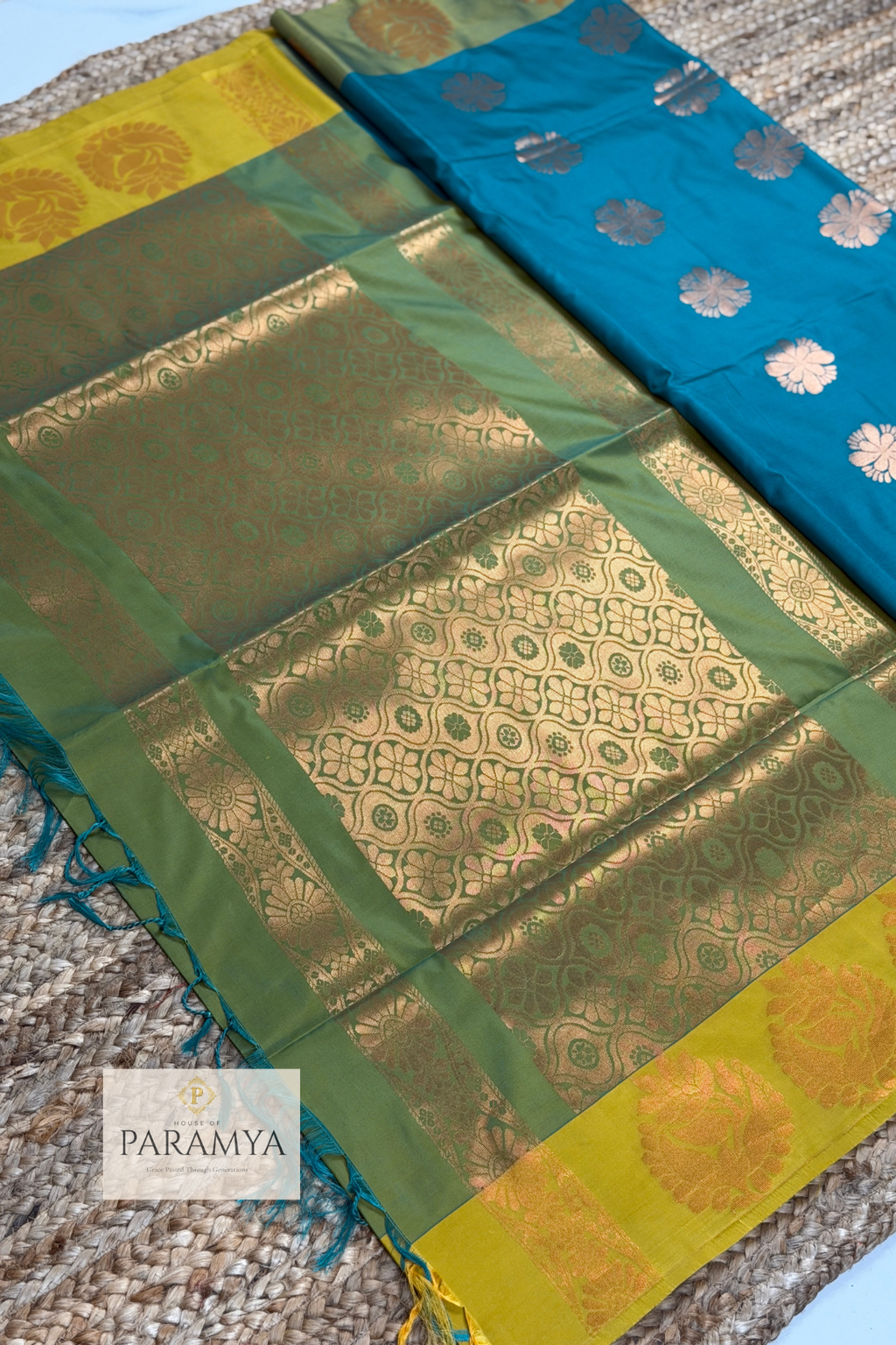 Dual Tone Olive Green & Mustard Soft Silk Saree with Teal Zari Pallu