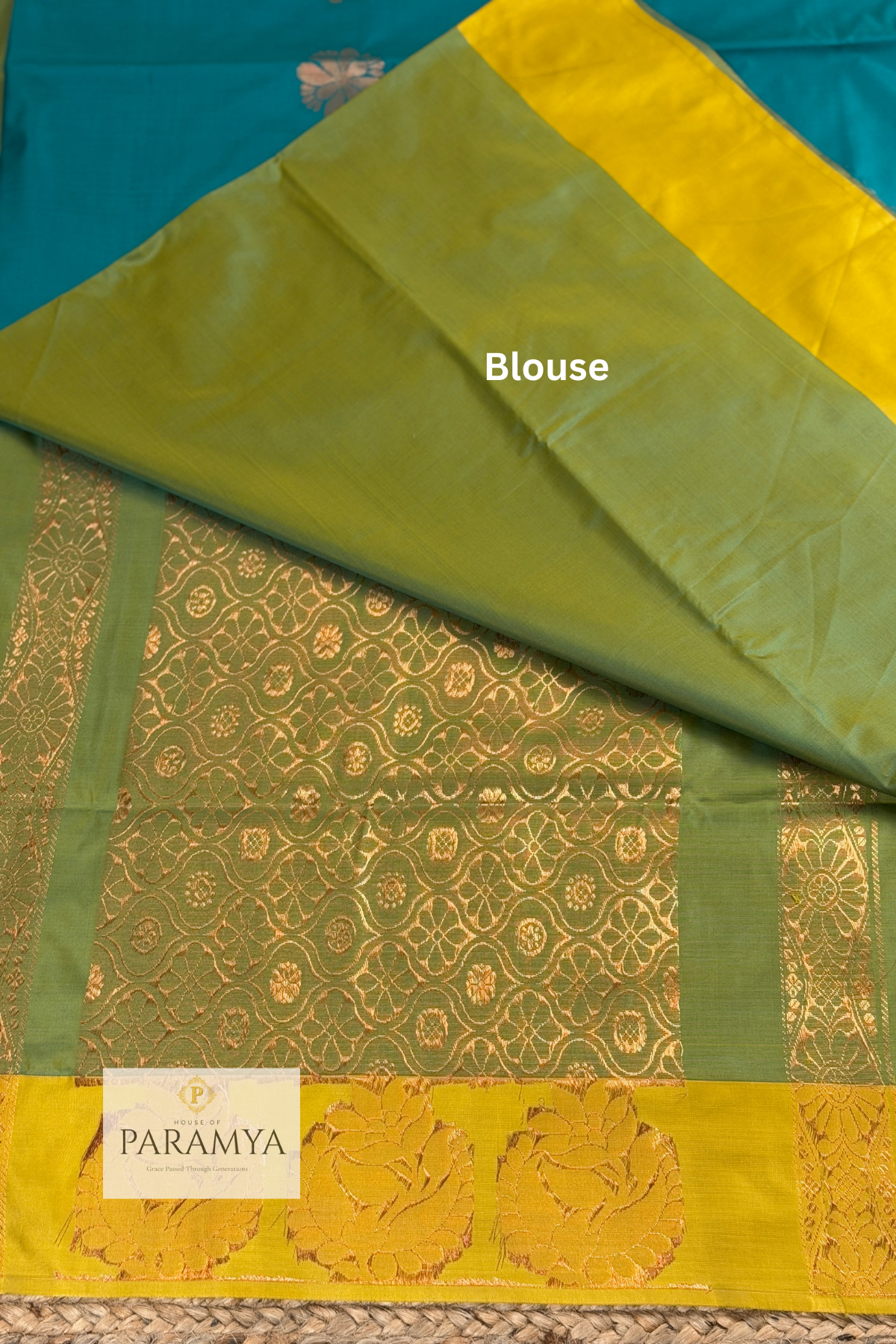 Dual Tone Olive Green & Mustard Soft Silk Saree with Teal Zari Pallu
