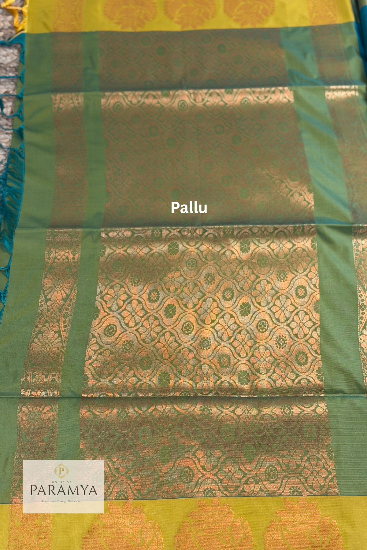 Dual Tone Olive Green & Mustard Soft Silk Saree with Teal Zari Pallu