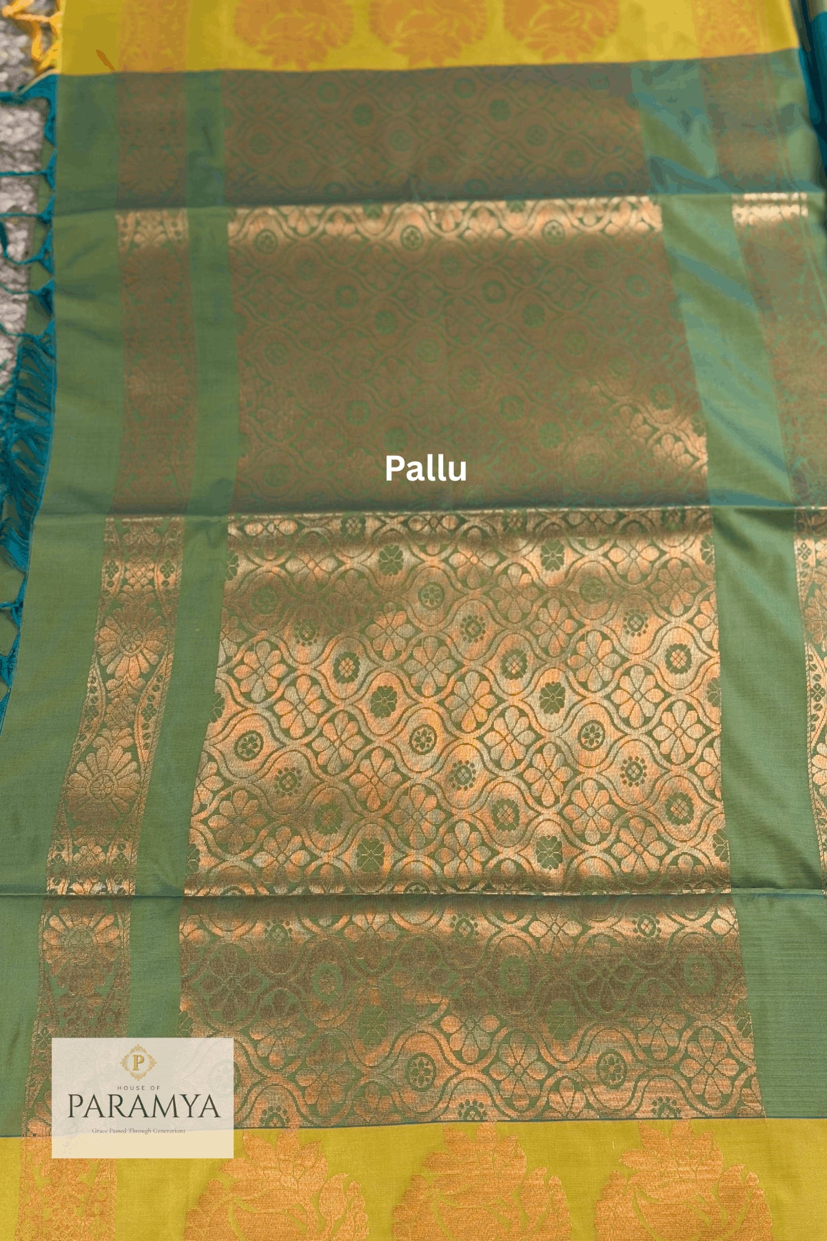 Dual Tone Olive Green & Mustard Soft Silk Saree with Teal Zari Pallu