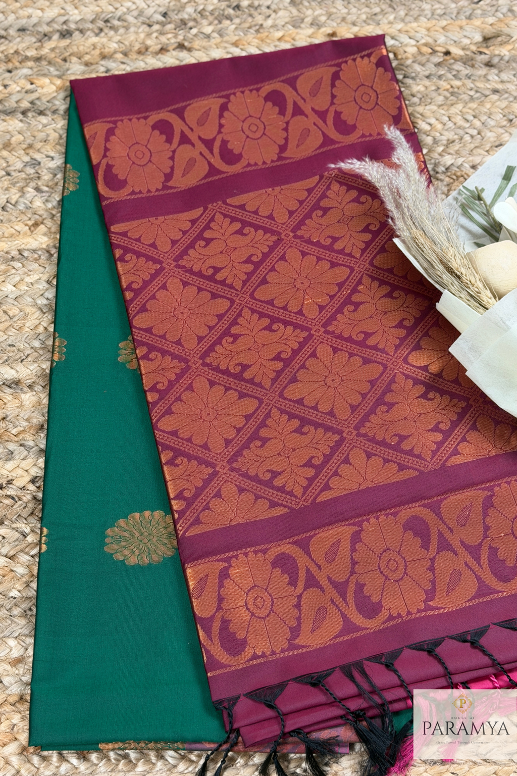 Green & Pink Soft Silk Saree with Copper Zari