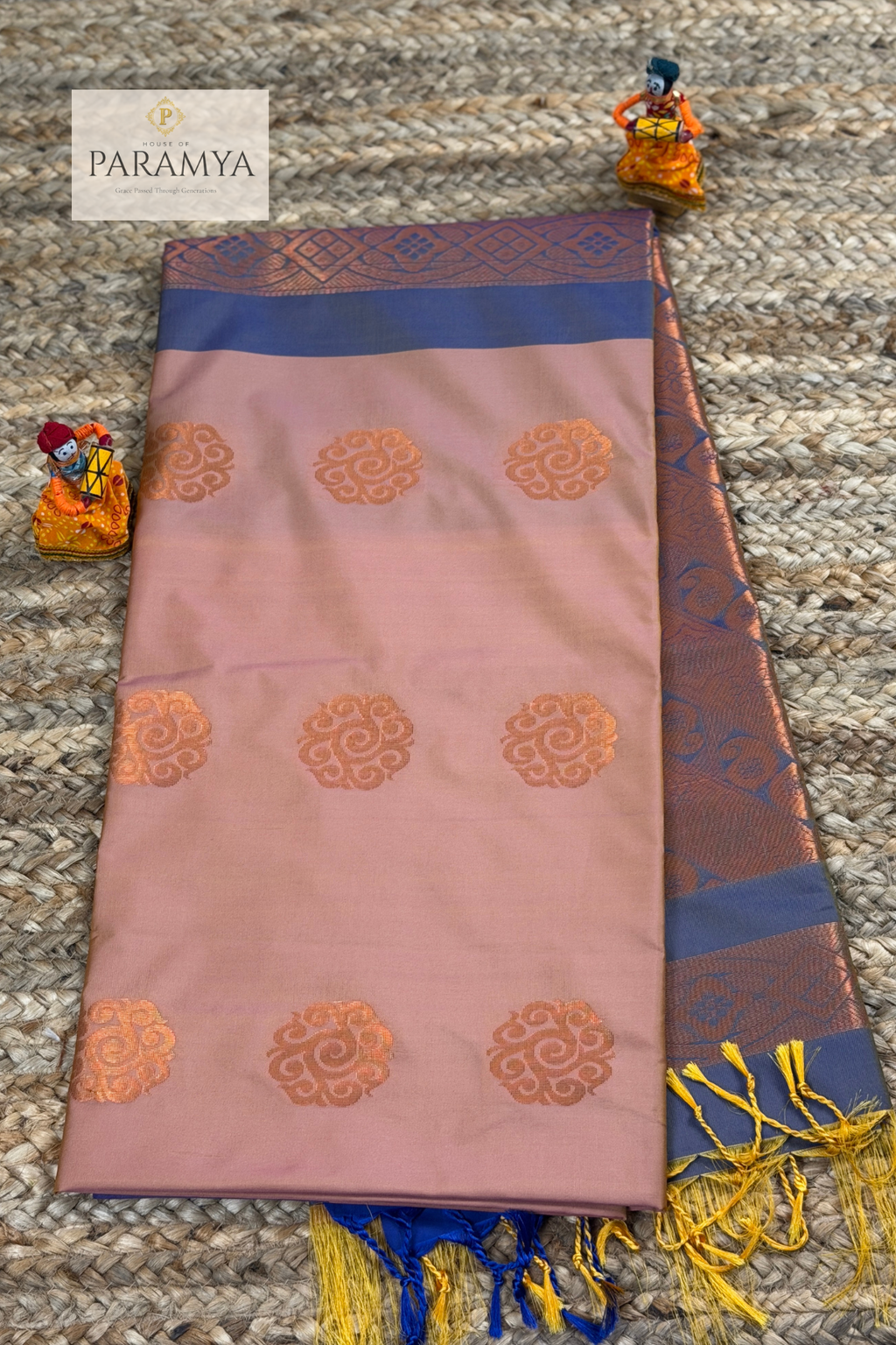 Sapota Peach Saree with Royal Blue Border and Copper Zari