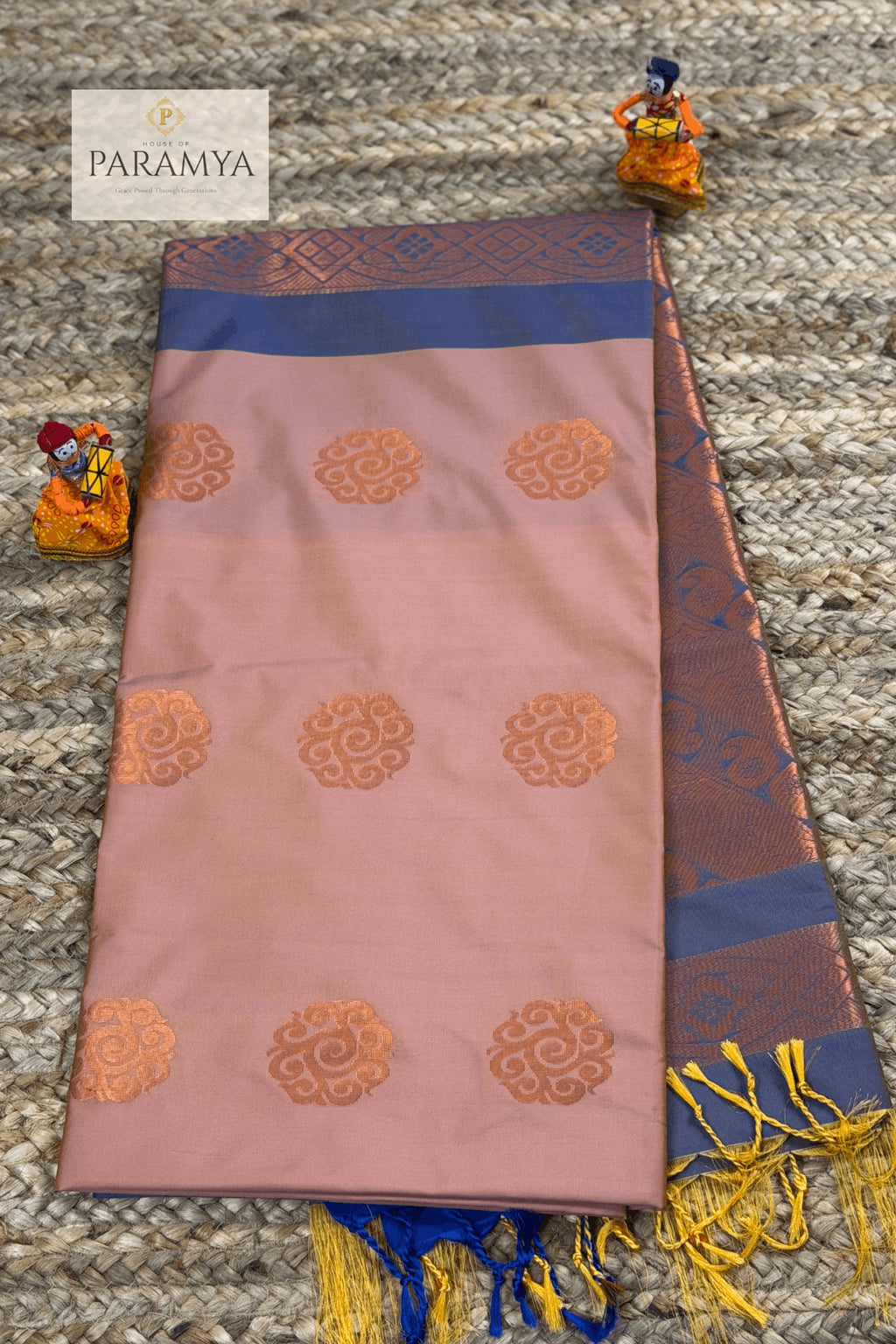 Sapota Peach Saree with Royal Blue Border and Copper Zari - Close Up view | House Of Paramya