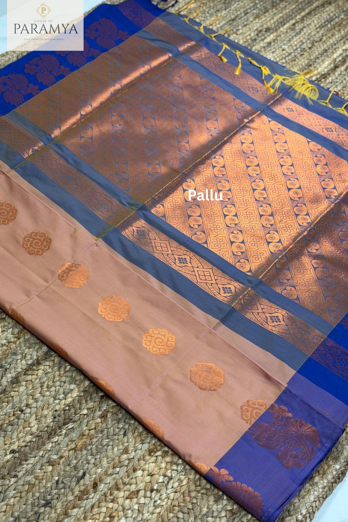 Sapota Peach Saree with Royal Blue Border and Copper Zari