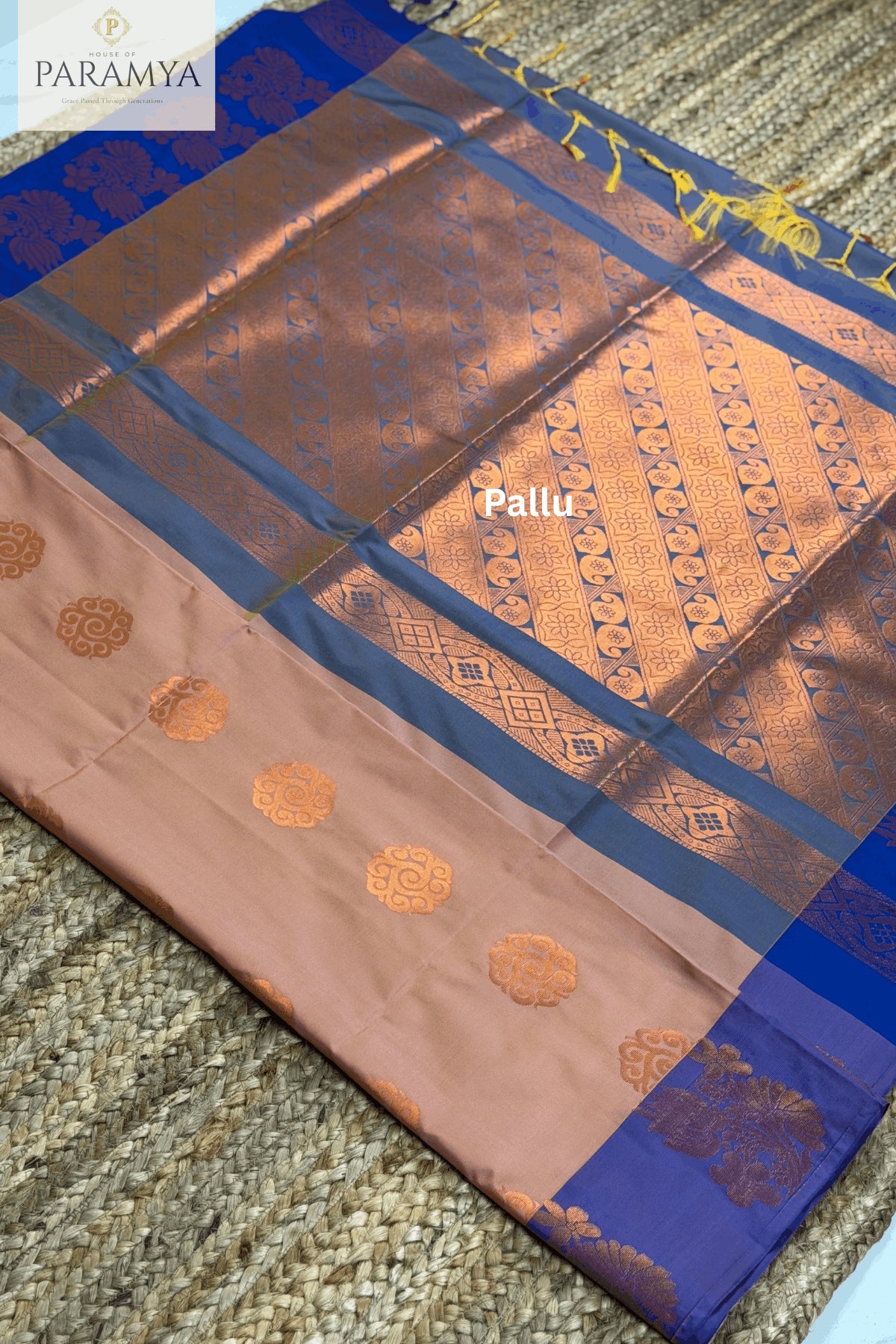 Sapota Peach Saree with Royal Blue Border and Copper Zari - Pallu view | House Of Paramya