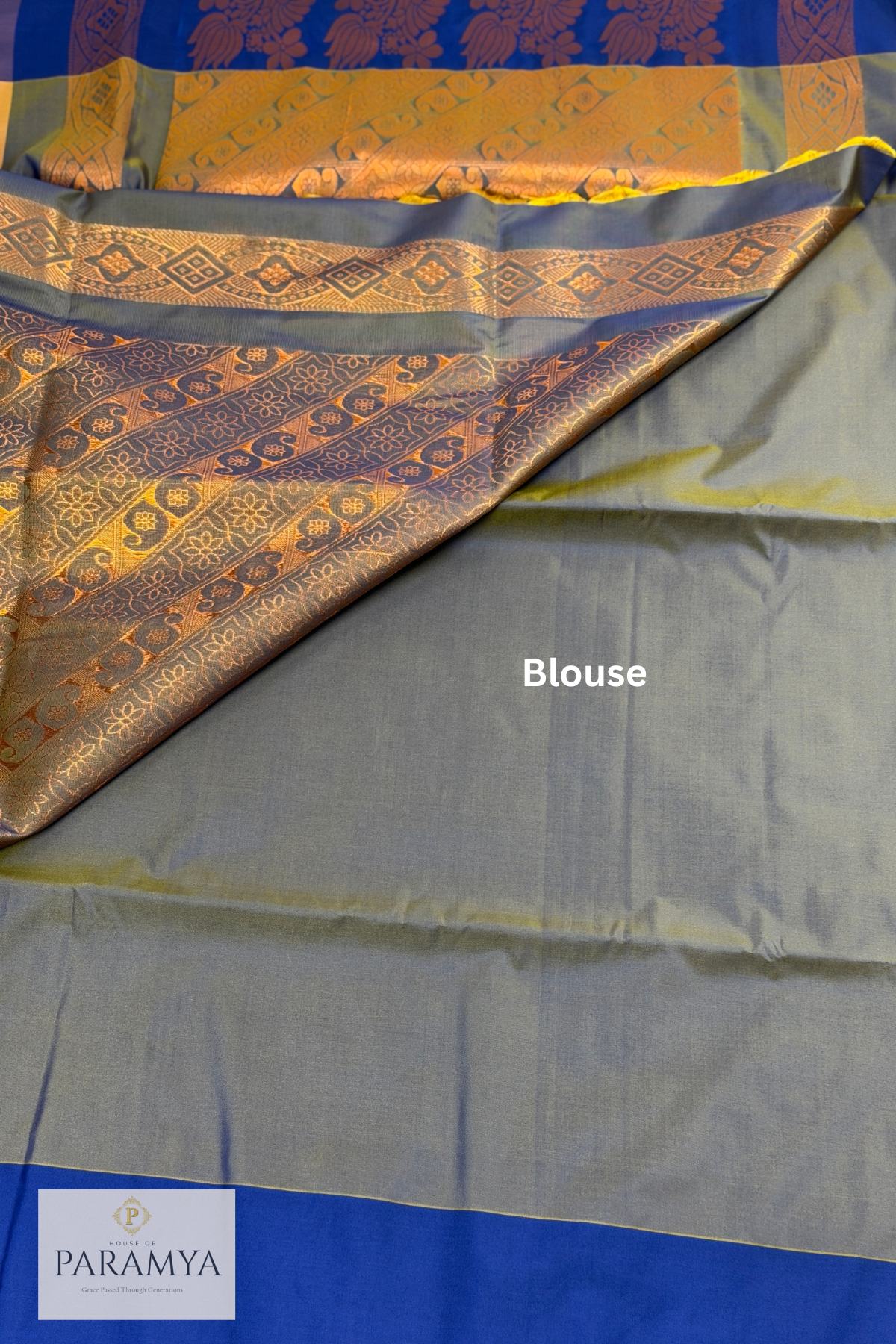 Sapota Peach Saree with Royal Blue Border and Copper Zari
