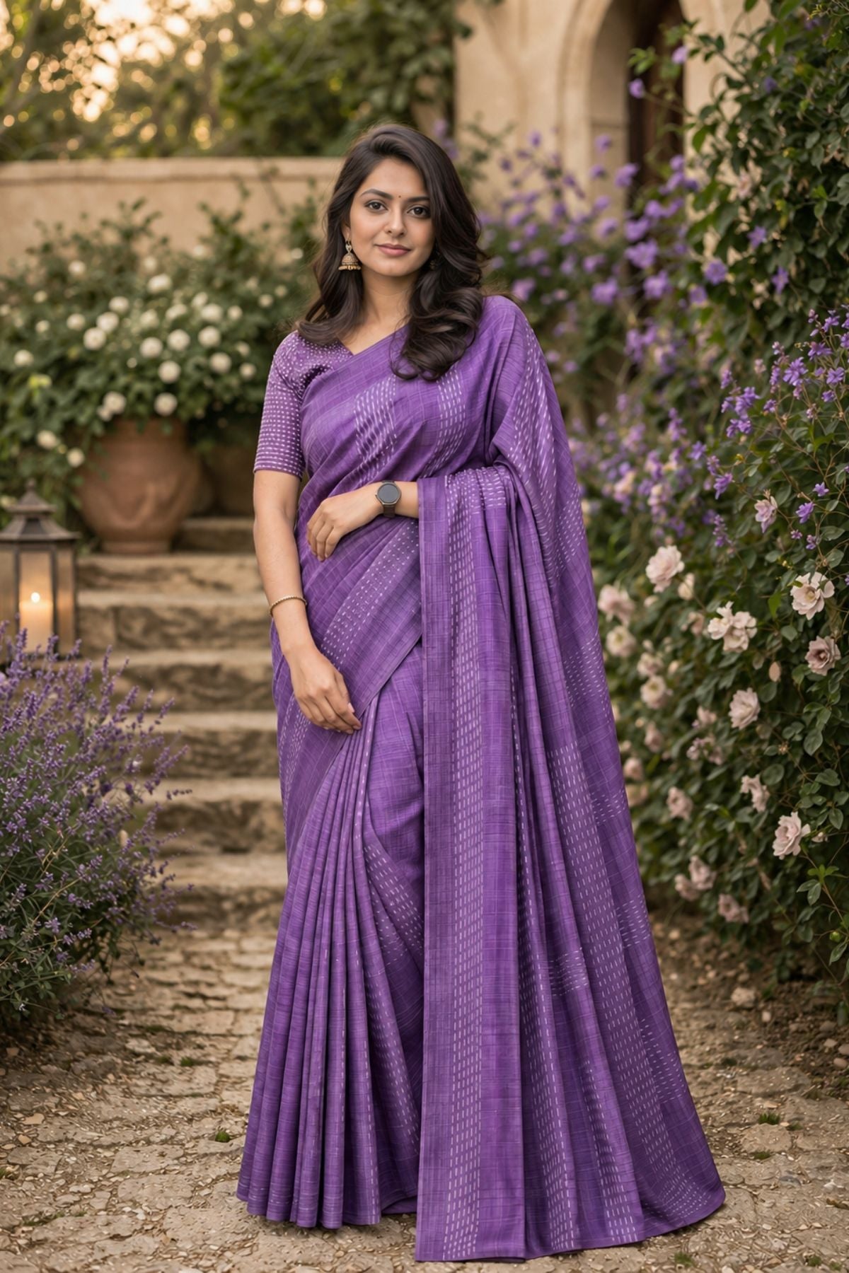 Deep Plum Semi Khadi Cotton Saree with White Thread Work