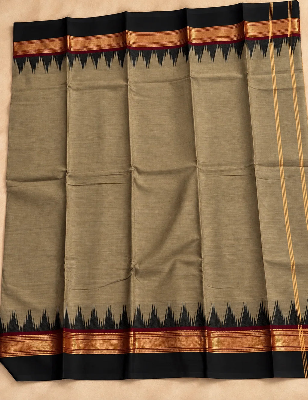 Chettinad Cotton Saree - Khaki Olive with Black Temple Border & Gold Zari