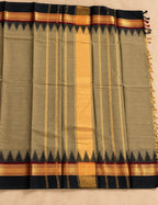 Chettinad Cotton Saree - Khaki Olive with Black Temple Border & Gold Zari