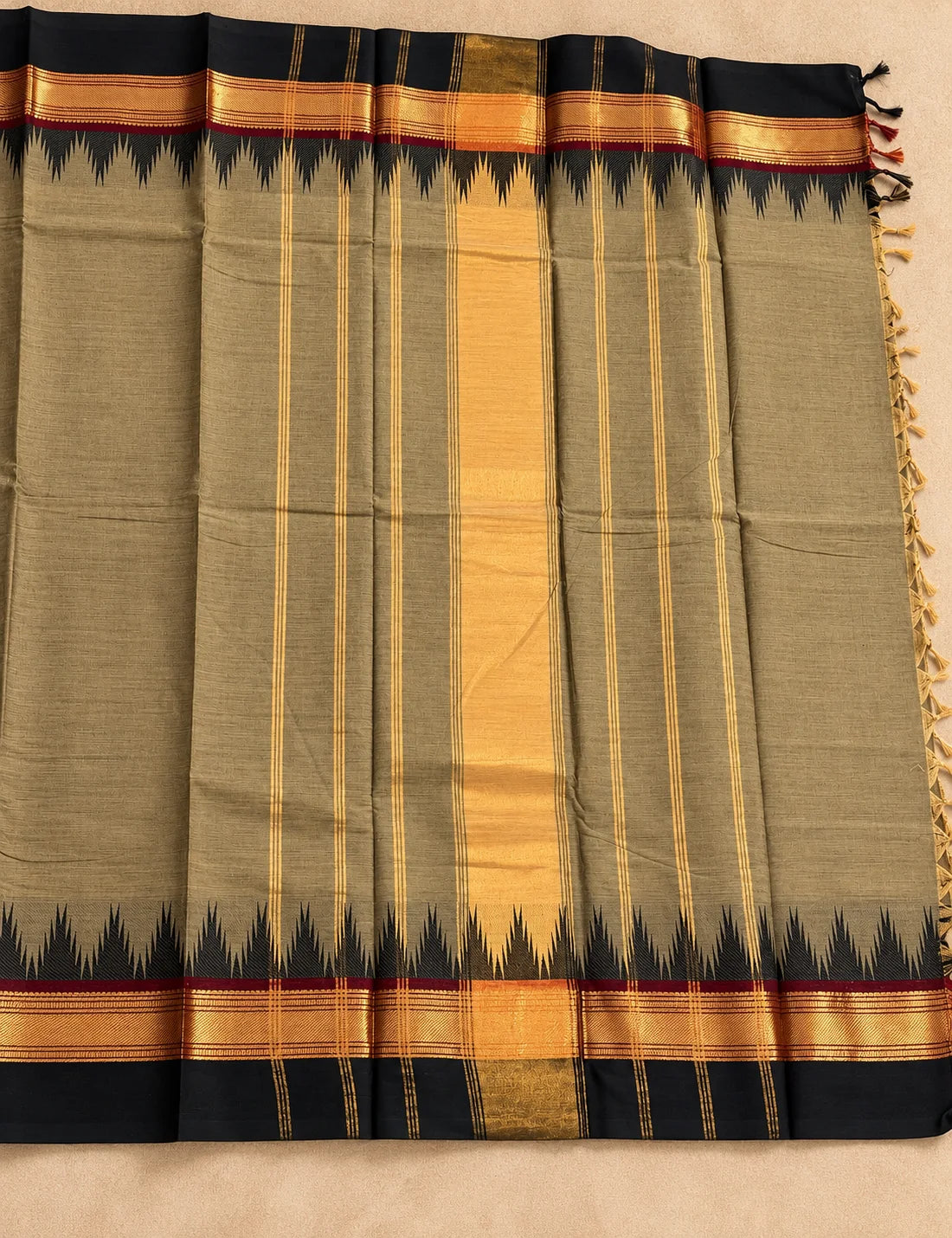 Chettinad Cotton Saree - Khaki Olive with Black Temple Border & Gold Zari