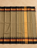 Chettinad Cotton Saree - Khaki Olive with Black Temple Border & Gold Zari