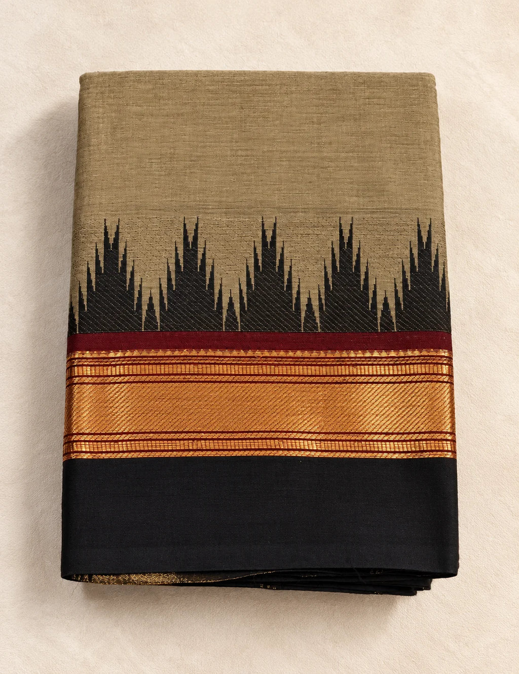 Chettinad Cotton Saree - Khaki Olive with Black Temple Border & Gold Zari