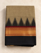 Chettinad Cotton Saree - Khaki Olive with Black Temple Border & Gold Zari