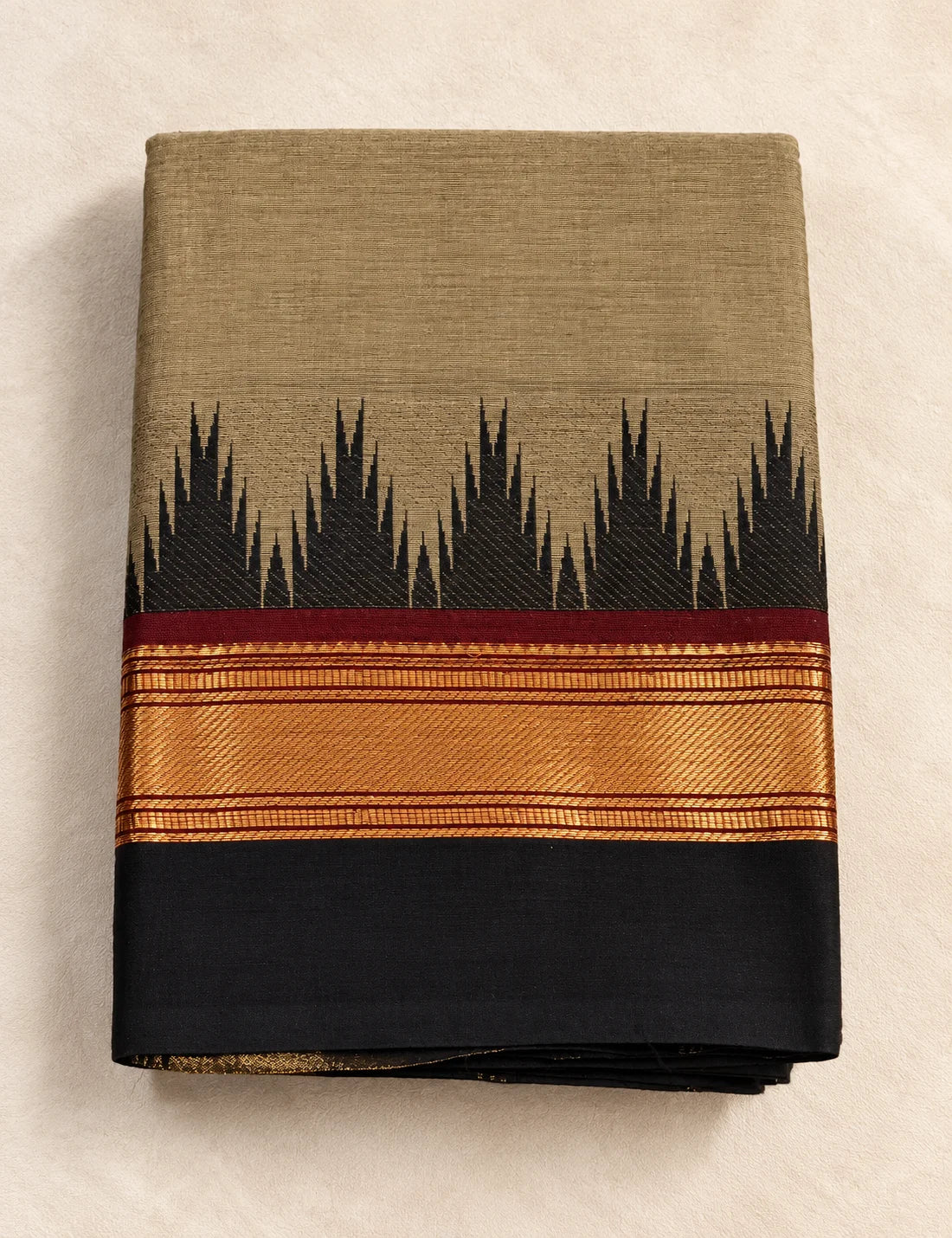 Chettinad Cotton Saree - Khaki Olive with Black Temple Border & Gold Zari