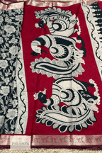 Black Kalamkari Linen Silk Saree Pallu view — maroon pallu with kalamkari motifs | House of Paramya