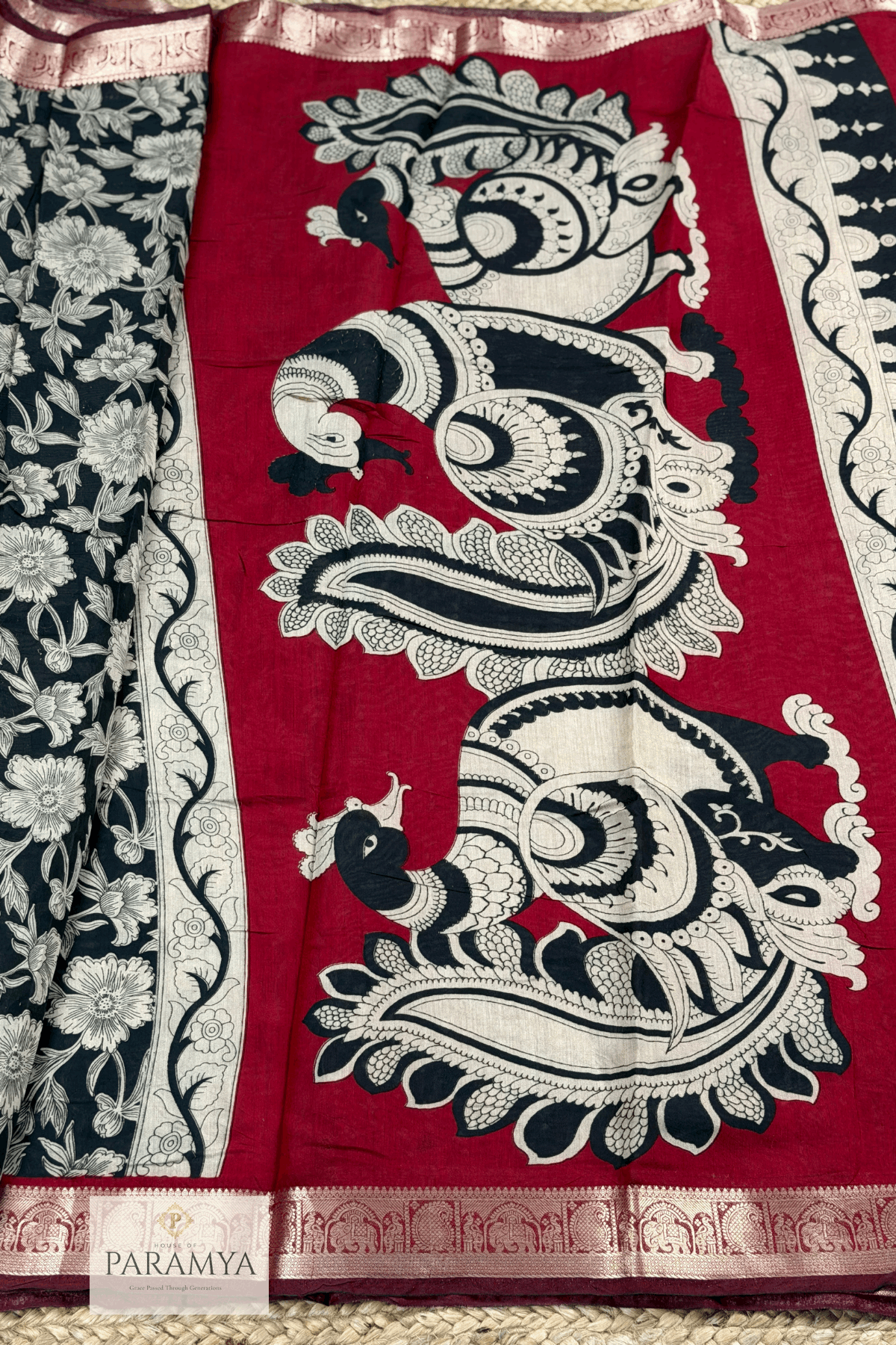 Black Kalamkari Linen Silk Saree Pallu view — maroon pallu with kalamkari motifs | House of Paramya