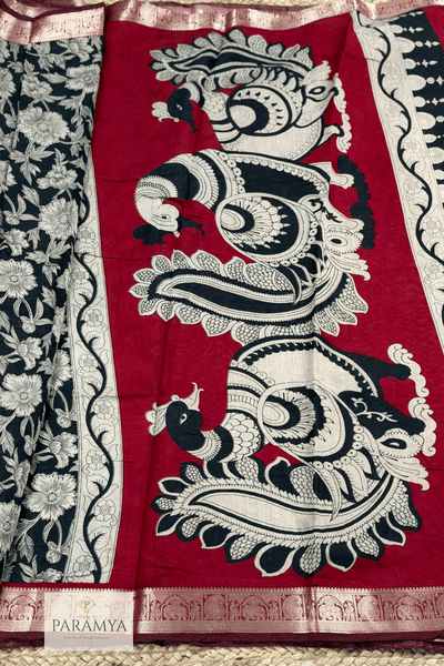 Black Kalamkari Linen Silk Saree Pallu view — maroon pallu with kalamkari motifs | House of Paramya