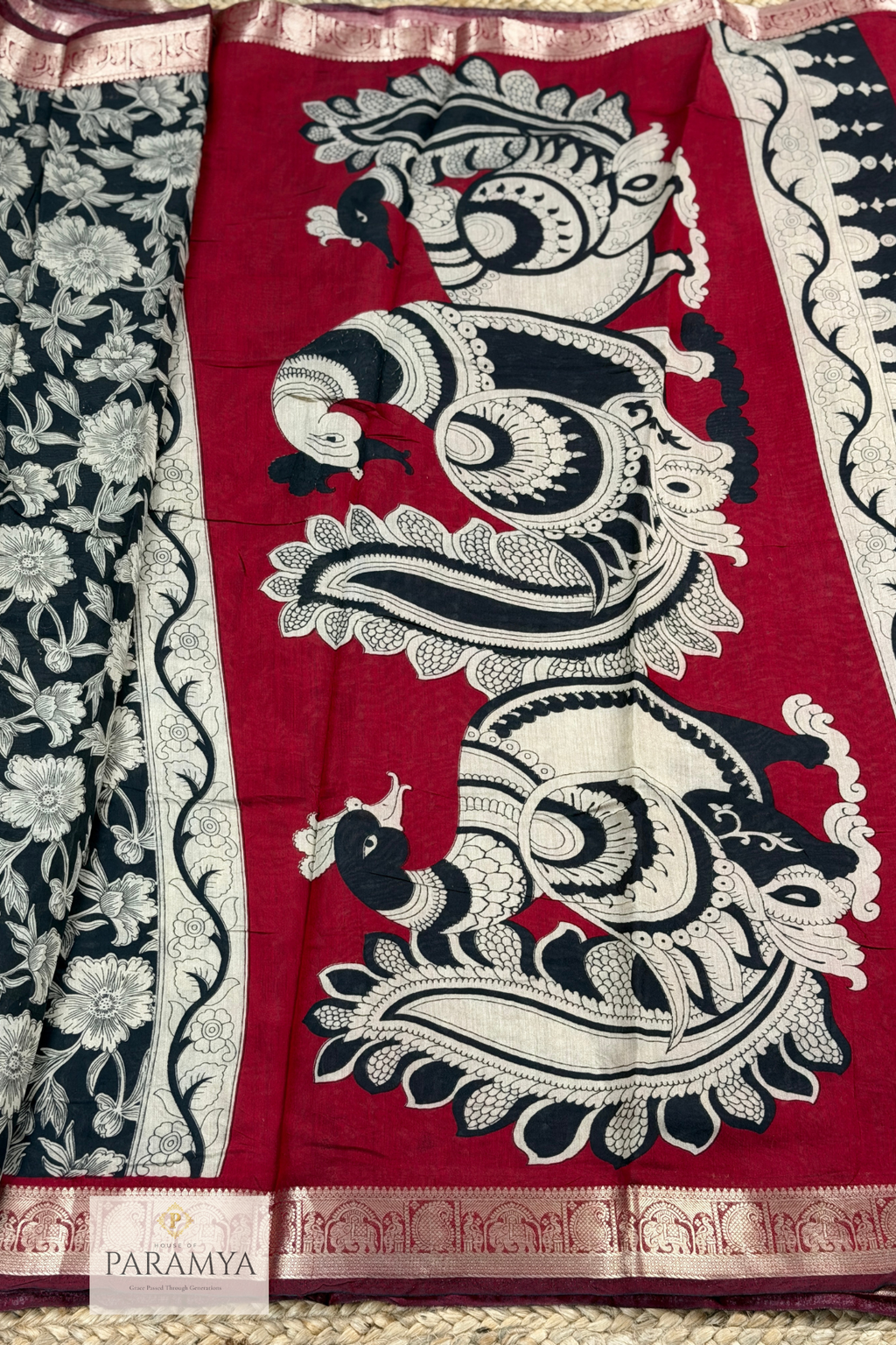 Black Kalamkari Linen Silk Saree with Maroon