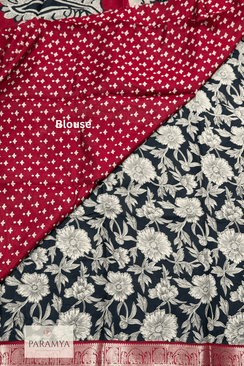 Black Kalamkari Linen Silk Saree motif Blouse view — hand-painted kalamkari artwork detail | House of Paramya