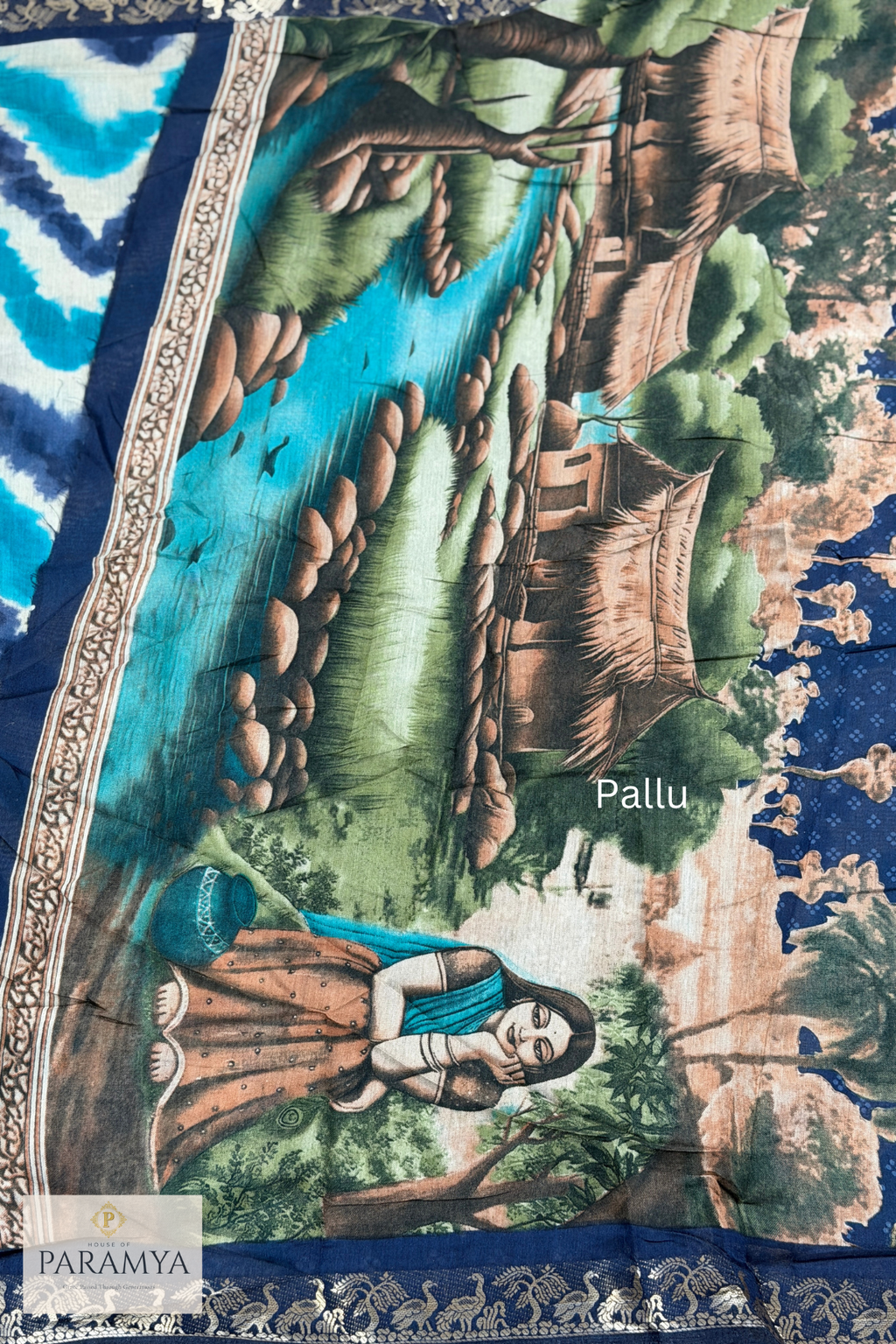 Blue Tie-Dye Linen Silk Saree with Navy Blue