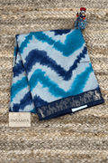 Blue Tie-Dye Linen Silk Saree front view — navy blue border on sky blue tie-dye | House of Paramya