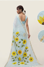 Powder Blue Pure Linen Cotton Saree with Printed Sunflower Motifs