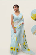 Powder Blue Pure Linen Cotton Saree with Printed Sunflower Motifs