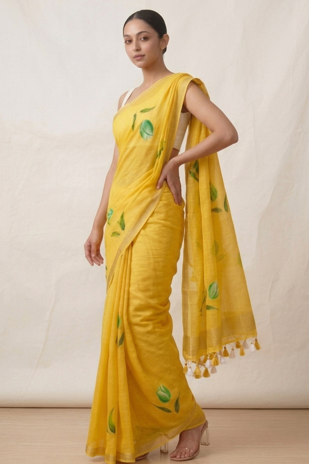 Yellow Pure Linen Saree with Printed Green Leaf Motifs
