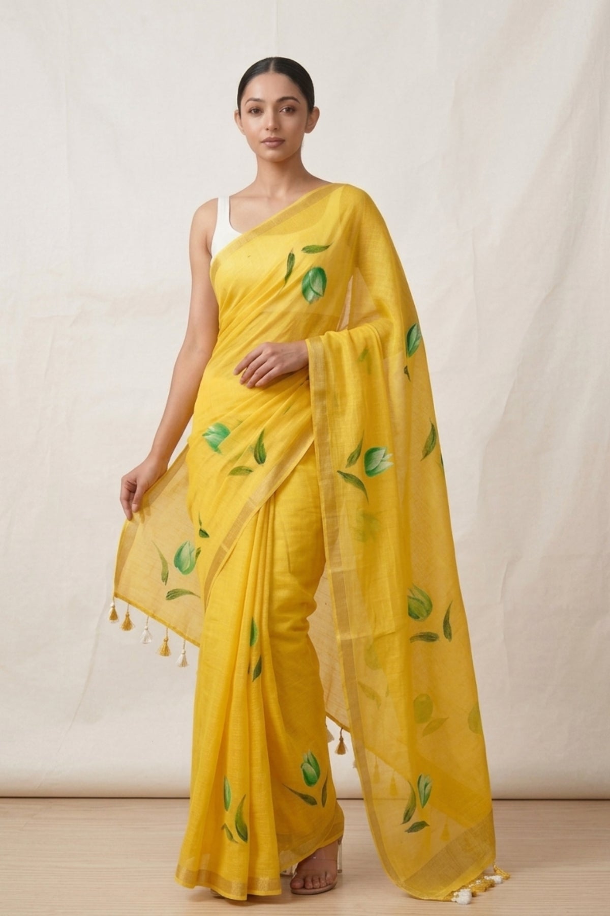 Yellow Pure Linen Saree with Printed Green Leaf Motifs
