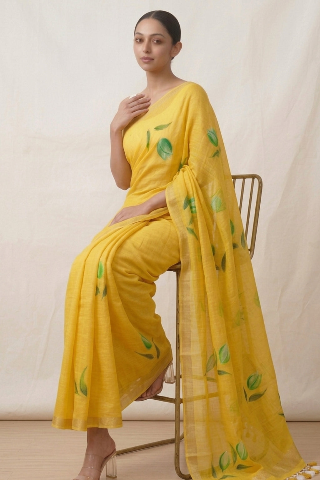 Yellow Pure Linen Saree with Printed Green Leaf Motifs