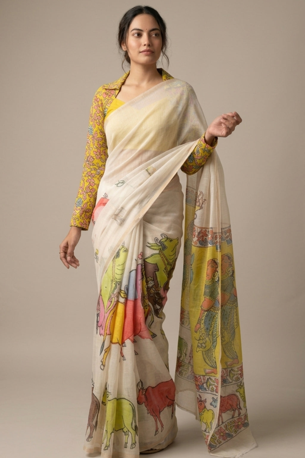 Ivory Linen Saree with Printed Pichwai Mural Design