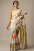 Ivory Linen Saree with Printed Pichwai Mural Design