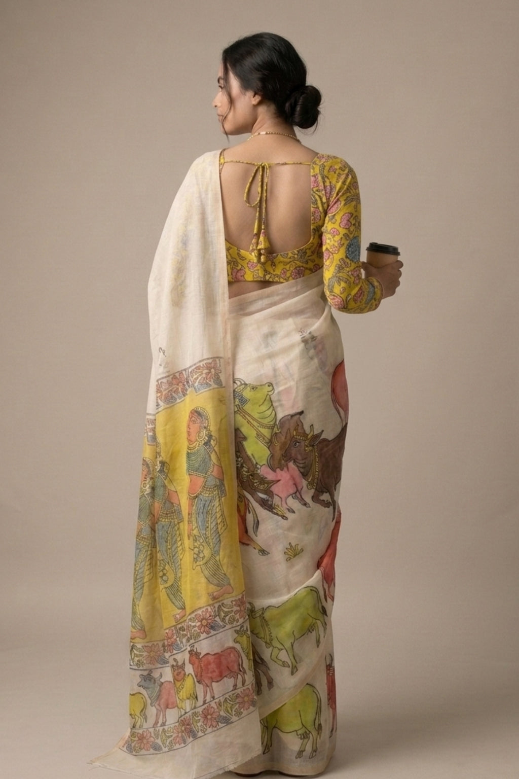 Ivory Linen Saree with Printed Pichwai Mural Design
