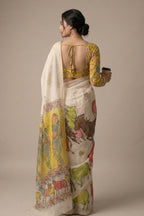 Ivory Linen Saree with Printed Pichwai Mural Design