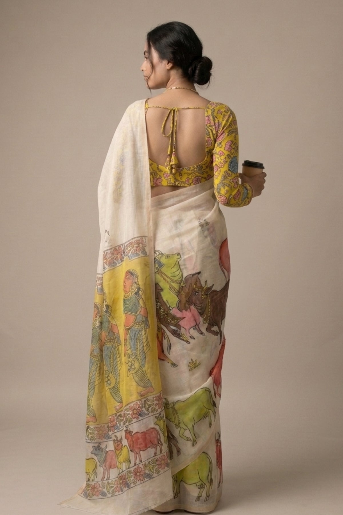 Ivory Linen Saree with Printed Pichwai Mural Design