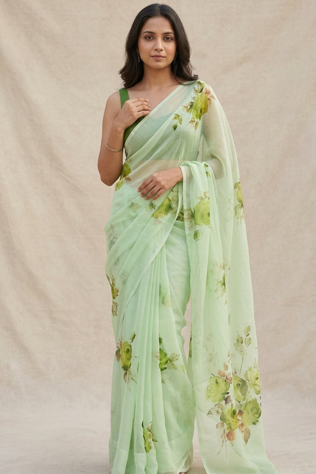 Pastel Green Linen Saree with Printed Monochrome Rose Motifs