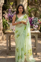 Pastel Green Linen Saree with Printed Monochrome Rose Motifs