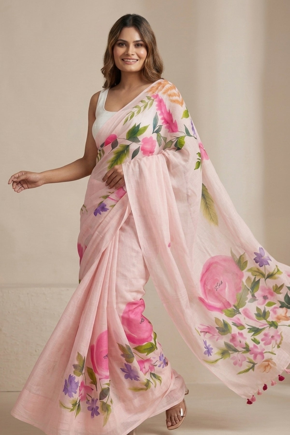 Blush Pink Linen Saree with Printed Watercolor Floral Motifs